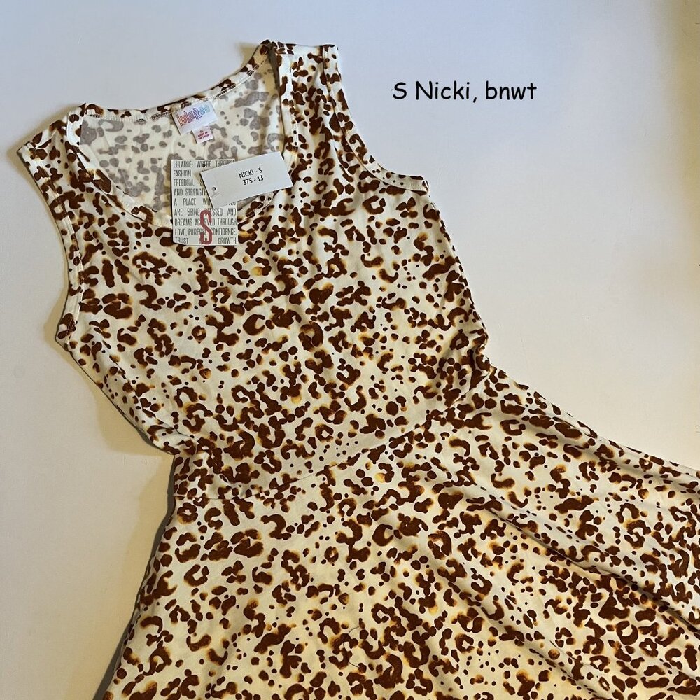 Small Lularoe Nicki tank dress, white with brown yellow animal print